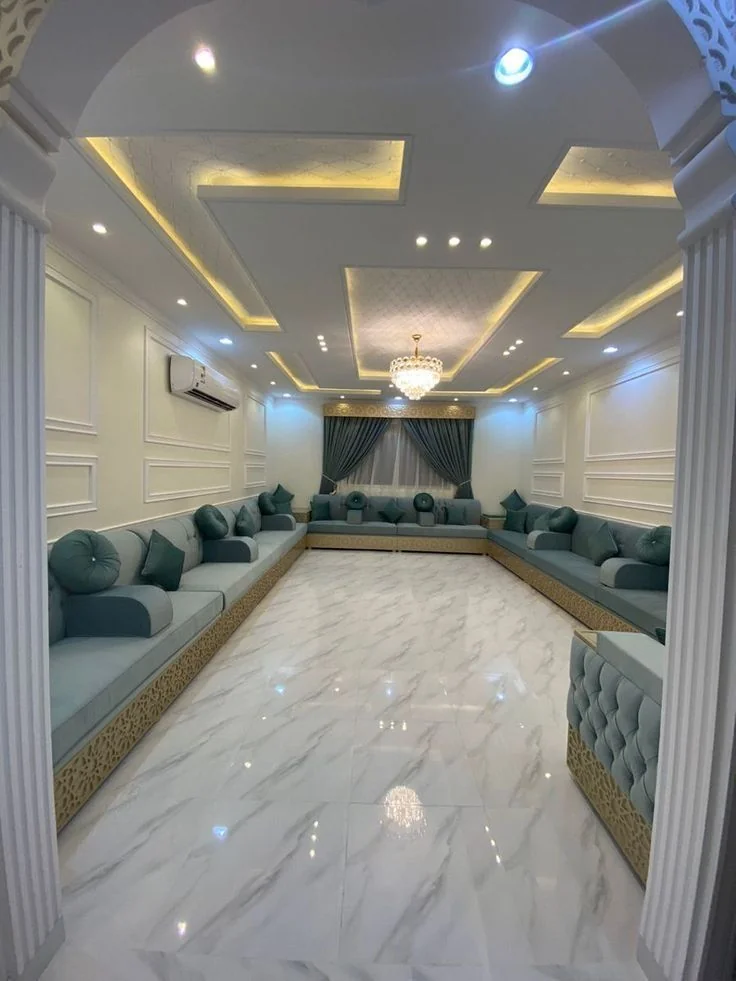 Luxury majlis with marble floors and chandelier