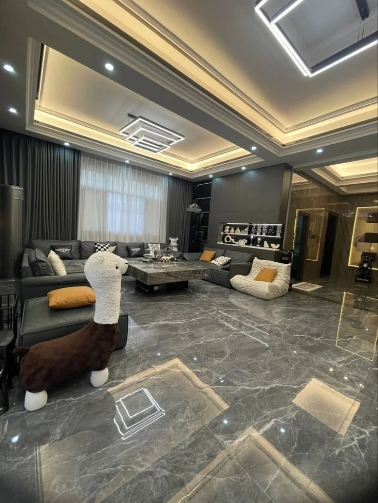 Premium dark-themed luxury living room interior finishing project Dubai