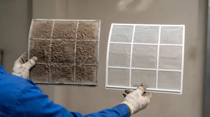 Comparison of a clogged AC filter and a clean filter showing the dust accumulation typical in Dubai.
