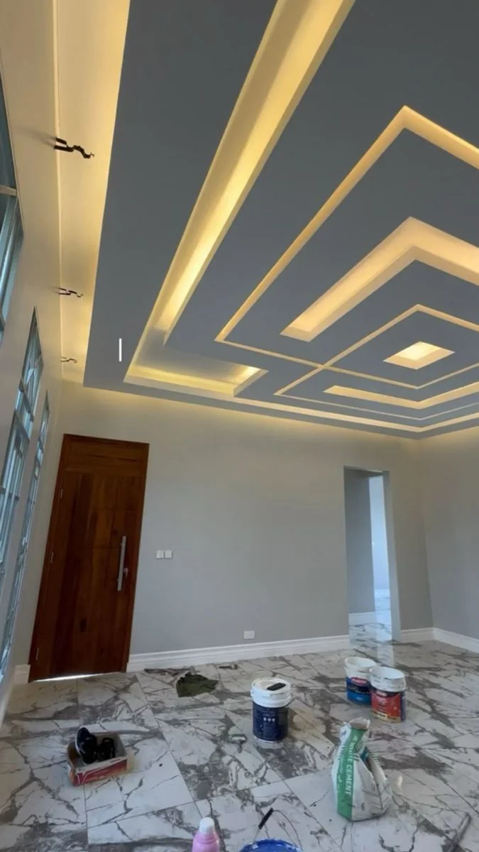 Geometric false ceiling with LED strip lighting