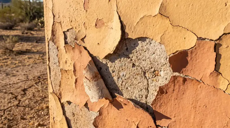 Peeling exterior paint on a Dubai villa wall caused by painting during extreme summer temperatures.