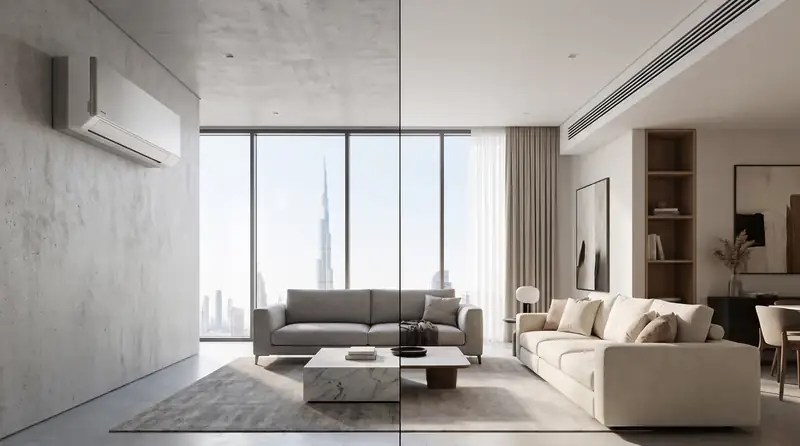 Split AC unit compared with central AC system in a Dubai villa