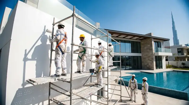 Villa exterior painting project during optimal Dubai weather